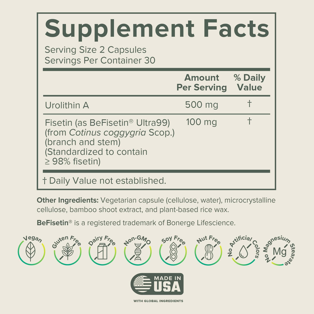 Close-up of Prominent Nutrition Urolithin A + Fisetin capsules highlighting potency.