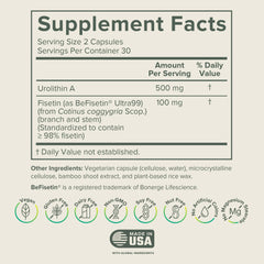 Close-up of Prominent Nutrition Urolithin A + Fisetin capsules highlighting potency.