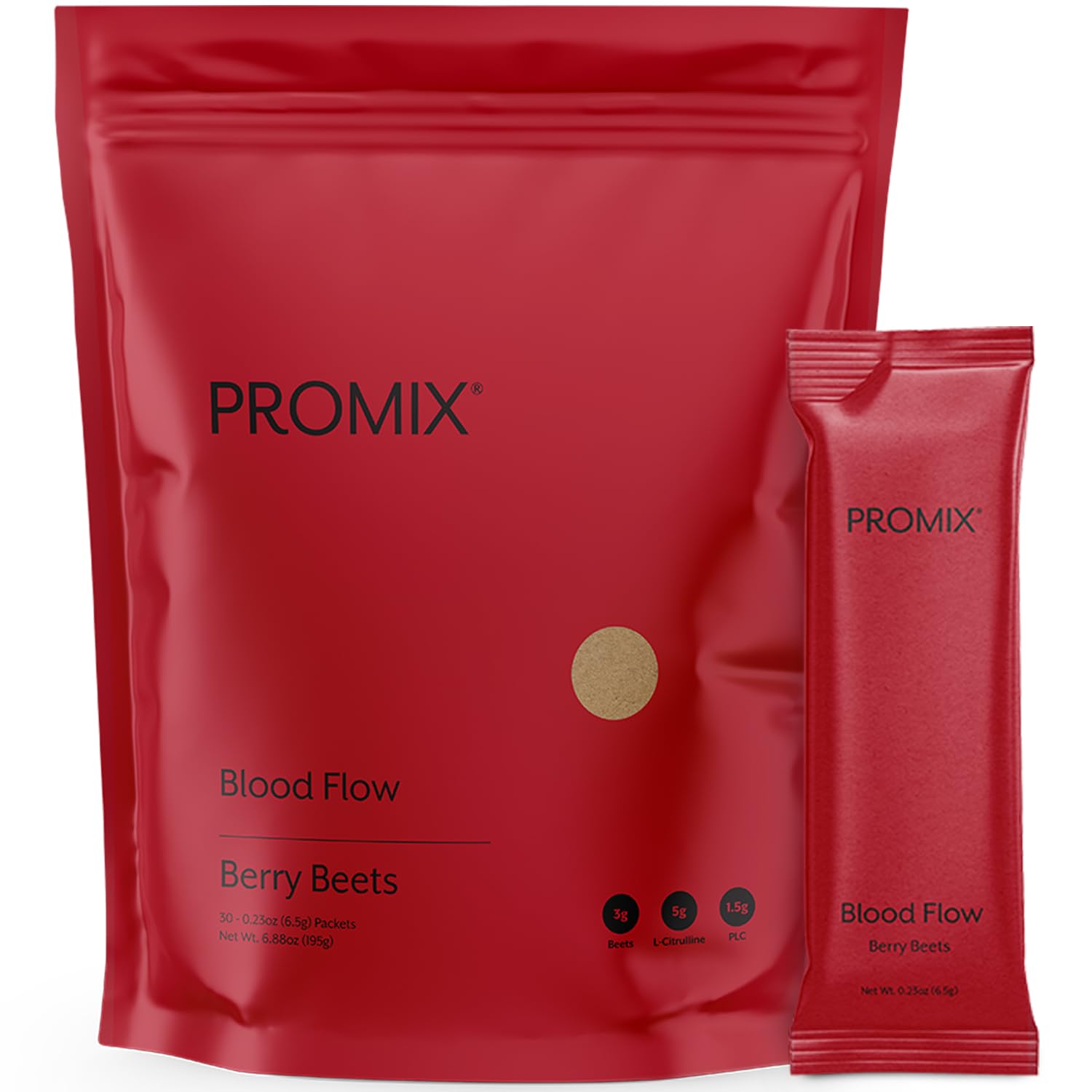 Promix Nutrition Blood Flow bottle shows beet root powder for nitric oxide support during workouts.