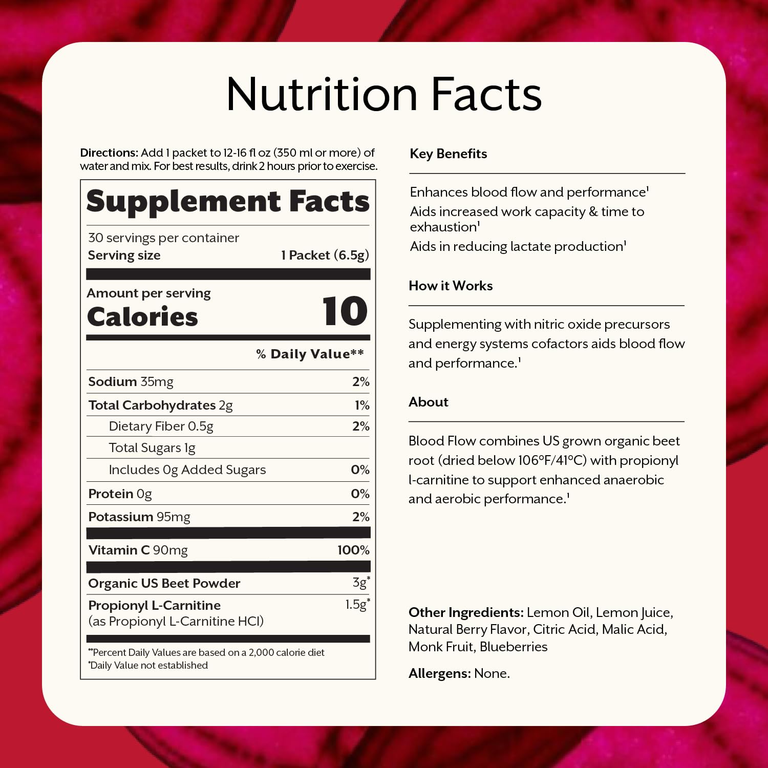 Promix Blood Flow packaging highlights organic beet root powder and propionyl-L-carnitine for performance.
