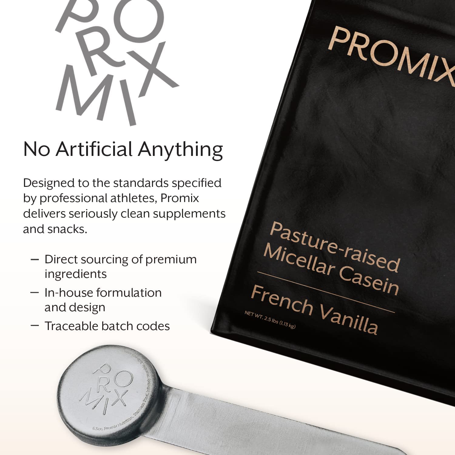 Promix Nutrition Casein packaging shows clean ingredients and easy gluten-free option.
