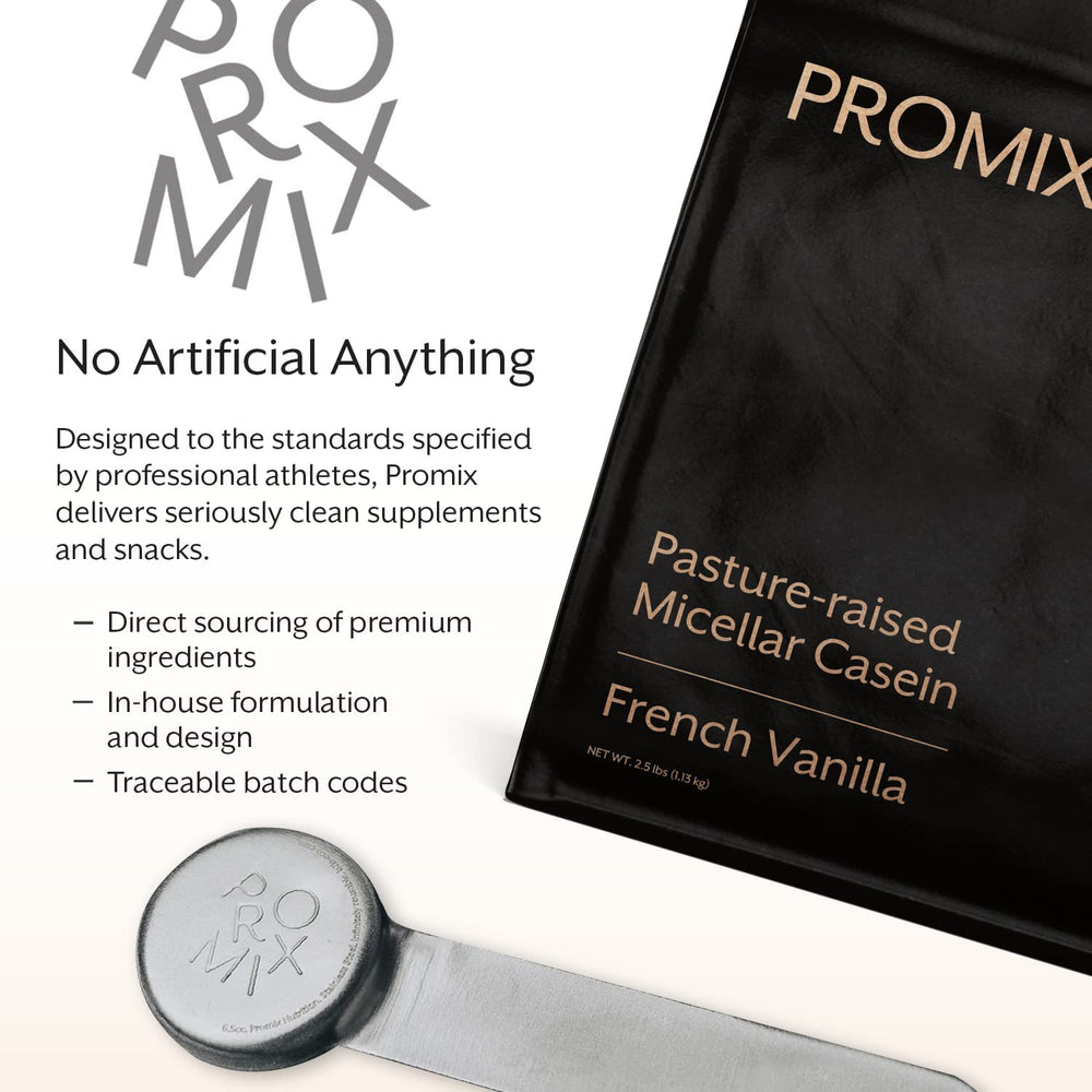 Promix Nutrition Casein packaging shows clean ingredients and easy gluten-free option.