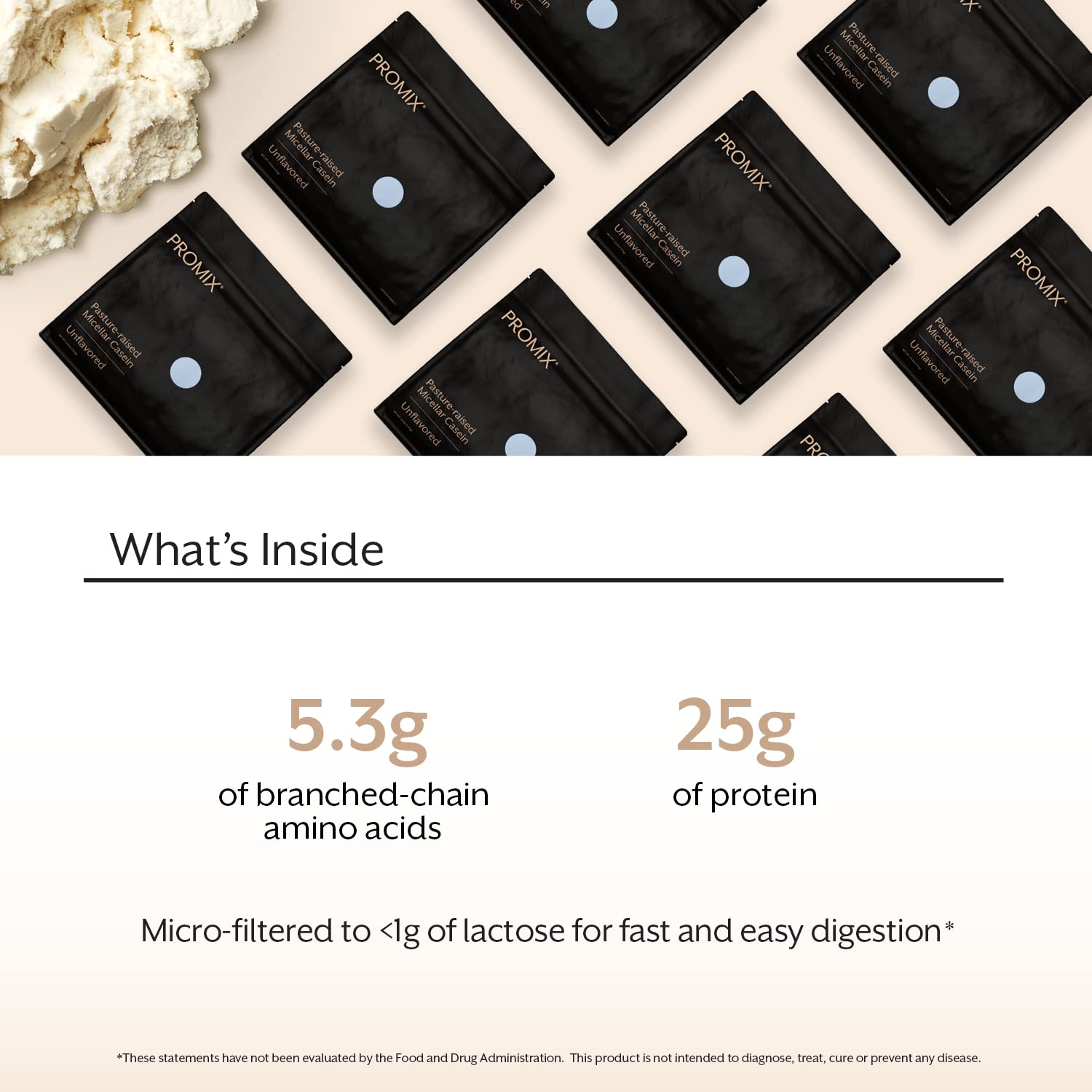 Close-up of creamy unsweetened casein powder texture ready to mix