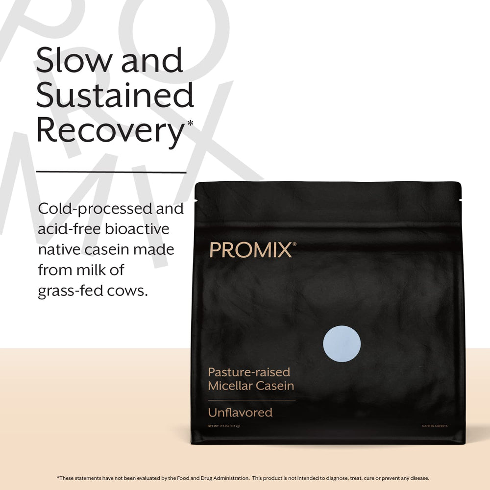 Promix Nutrition casein scoop pouring powder into a glass for a smooth shake