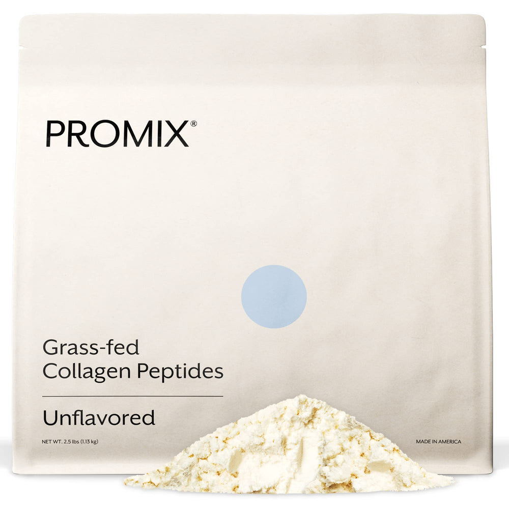 ProMix Nutrition Collagen Peptides bottle shows flavorless powder for skin and joints.