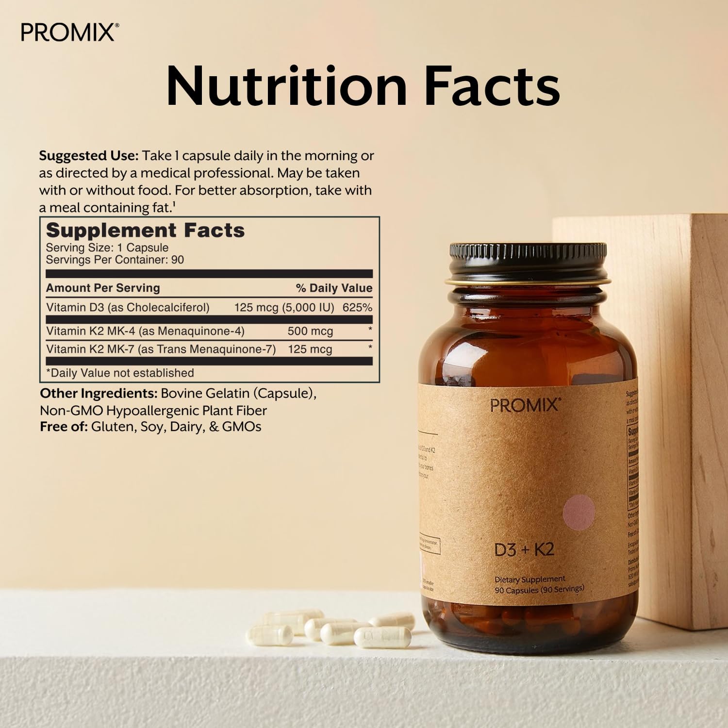 Close-up of Promix D3 K2 softgel capsules for daily use.