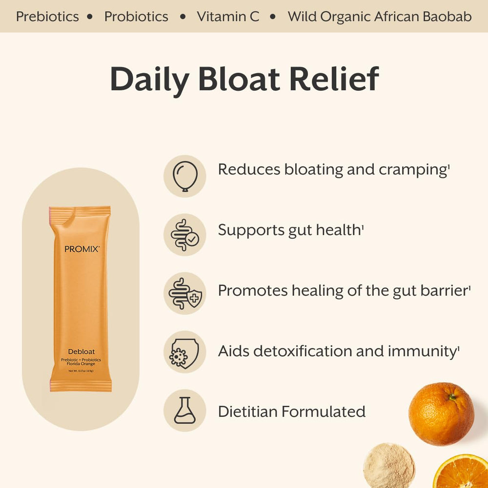 ProMix Nutrition Debloat with baobab fruit visual emphasizing natural fiber and probiotics