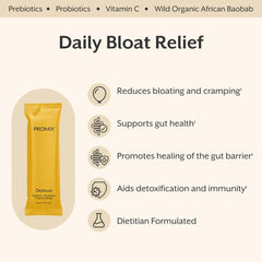 ProMix Nutrition Debloat bottle back highlights ingredients and probiotic strains for gut health