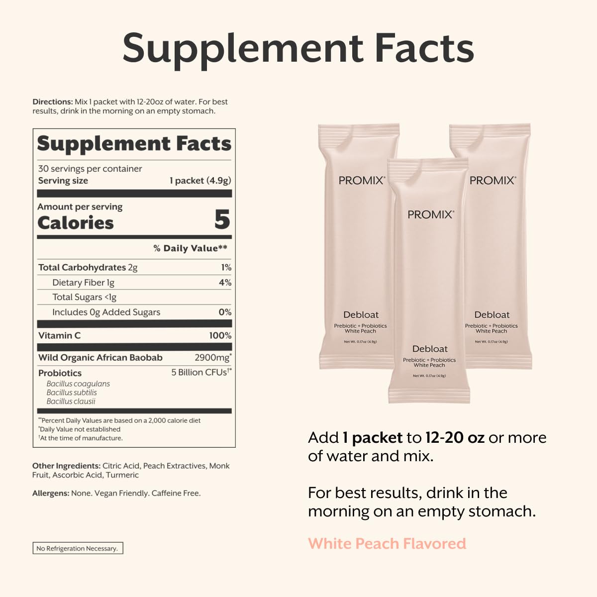 Ingredient label detail highlights baobab fiber and probiotic strains in Debloat.