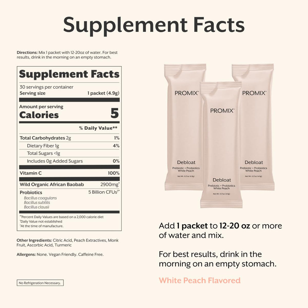 Ingredient label detail highlights baobab fiber and probiotic strains in Debloat.