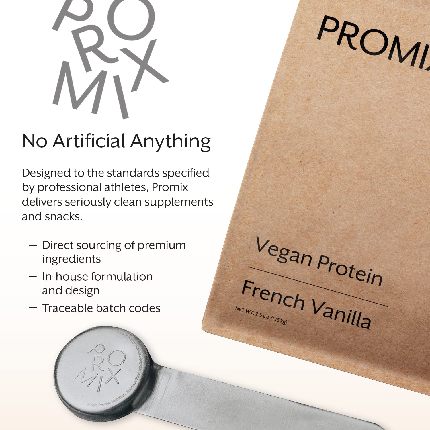 Promix Nutrition vanilla protein powder jar with GMP standards and NA ingredients.