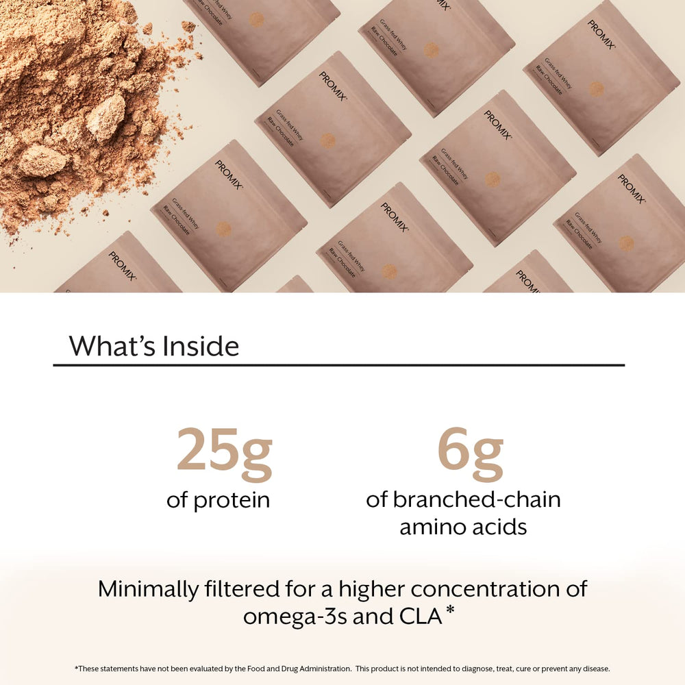 Promix Whey Protein Powder Chocolate pouring shot suggests quick mix for smoothies.