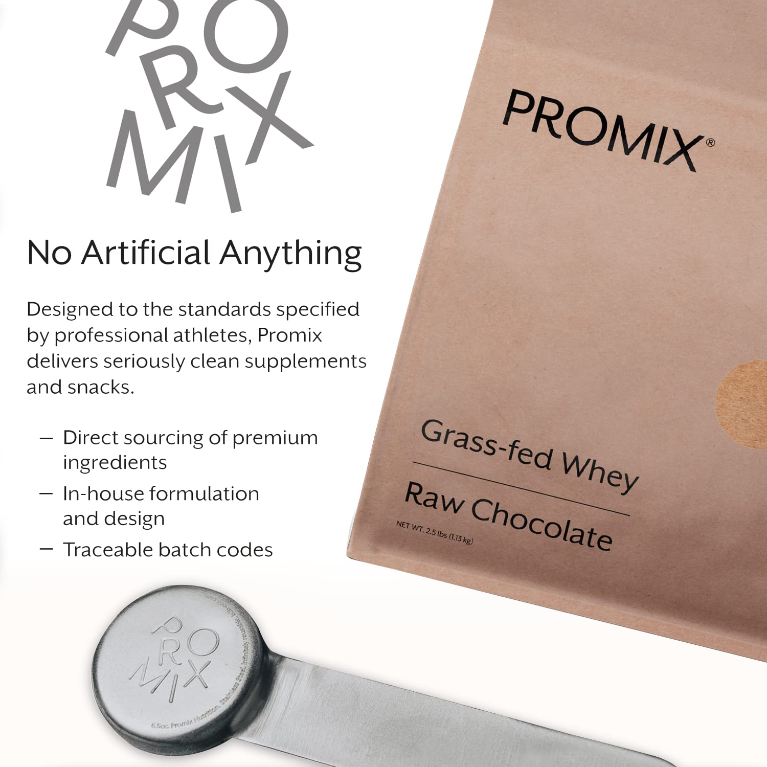 Promix serving scoop beside chocolate whey powder for precise portions.