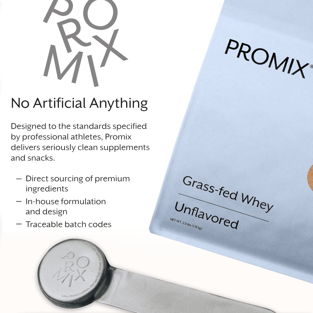 Promix Nutrition whey protein powder nutrition-label highlights grass-fed origin and gluten-free ingredients.
