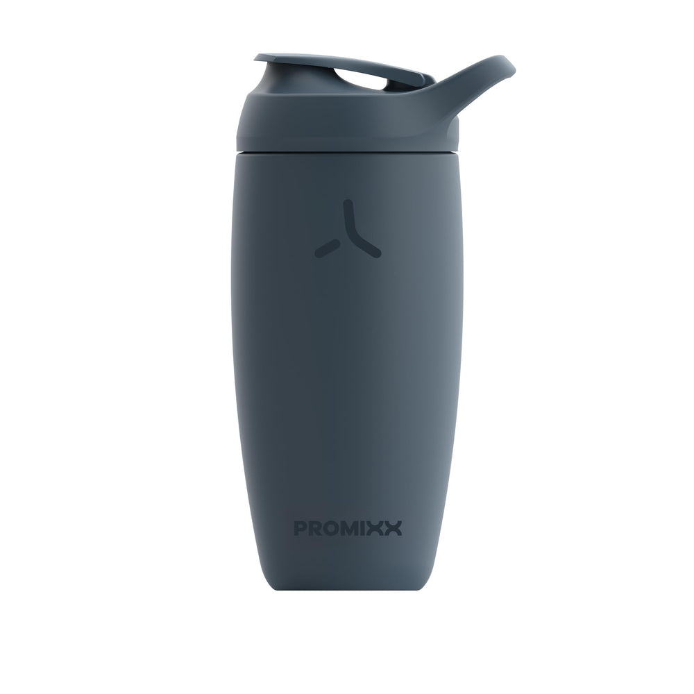 Promixx Pursuit shaker bottle in midnight blue with insulated stainless steel for cold shakes.