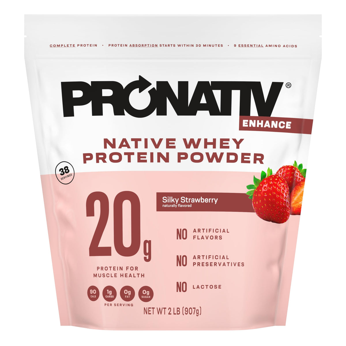 Pronativ 100% Whey Native Protein bottle shows lactose-free protein for daily recovery
