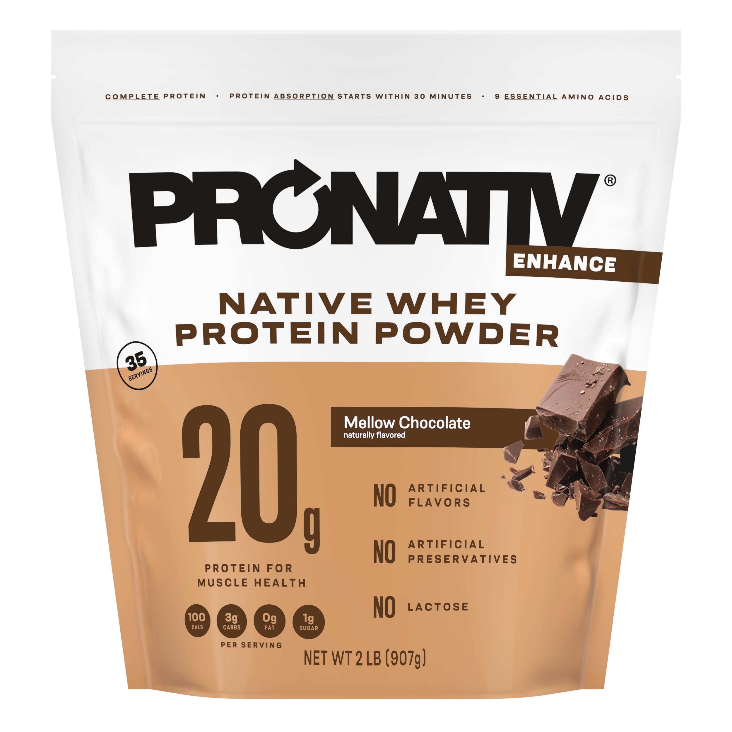 Pronativ mellow chocolate bottle showing native whey protein for recovery potential