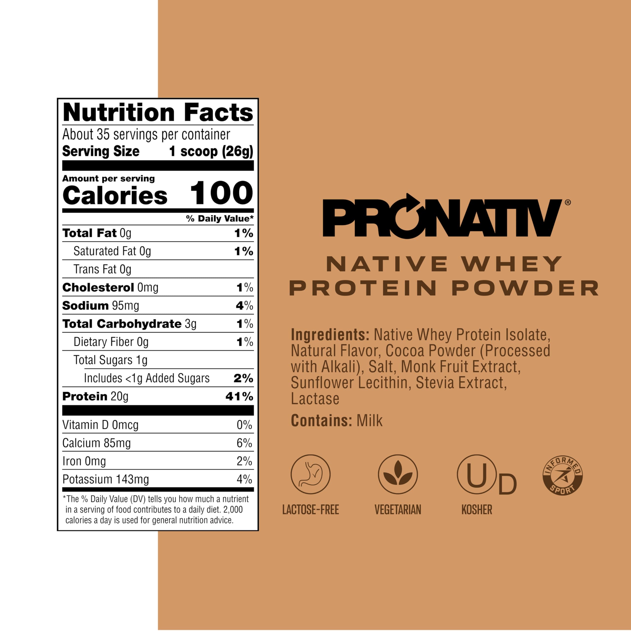 Pronativ native whey powder packaging highlights clean ingredients and no artificial flavors