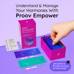 Proov Empower test strip close-up with color indicators for FSH/LH.