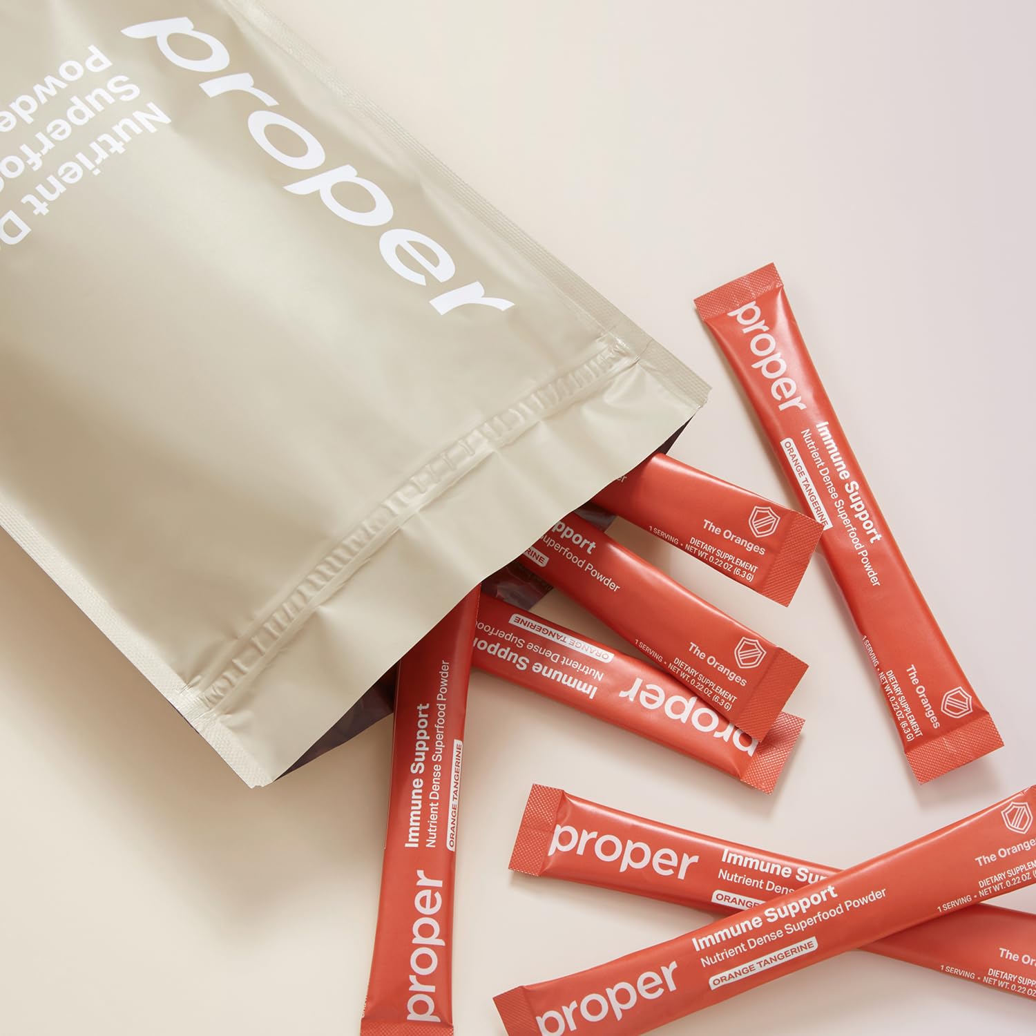 15-serving Proper immunity powder box positioned for on-the-go use.
