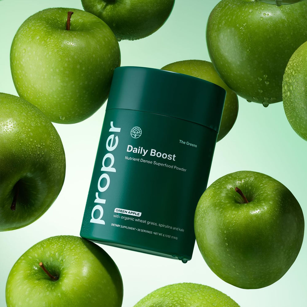 Apple-flavored Proper Greens in smoothie with fresh greens