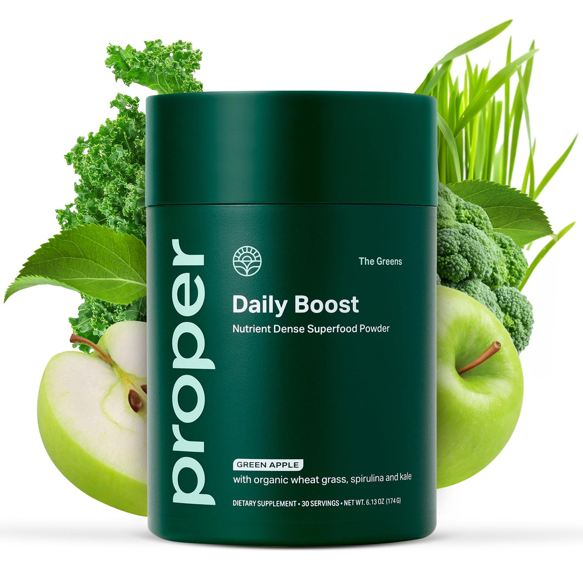 Proper Greens Daily Boost bottle with Apple flavor boosts daily nutrition