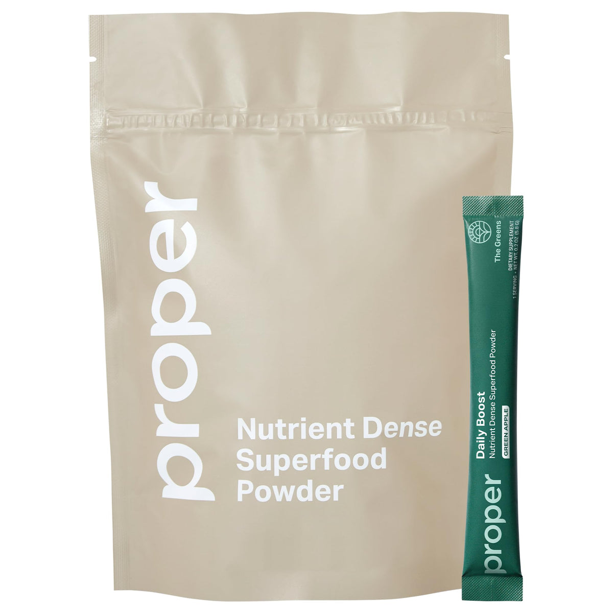 Proper Greens Daily Boost bottle with colorful label, hinting at daily nourishment.