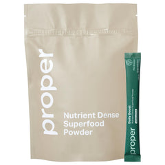 Proper Greens Daily Boost bottle with colorful label, hinting at daily nourishment.