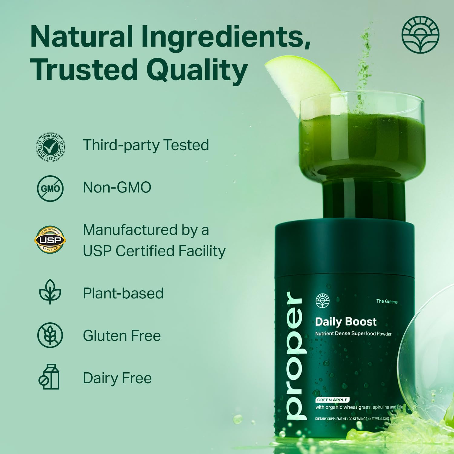 Glass of prepared apple-flavored Proper Greens drink on table