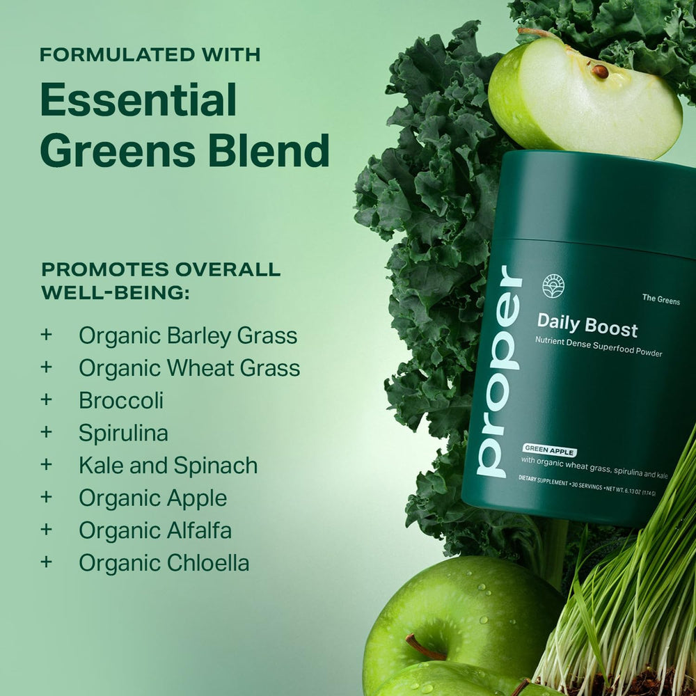 Proper Greens ingredients array featuring wheatgrass, spirulina, chlorella, kale