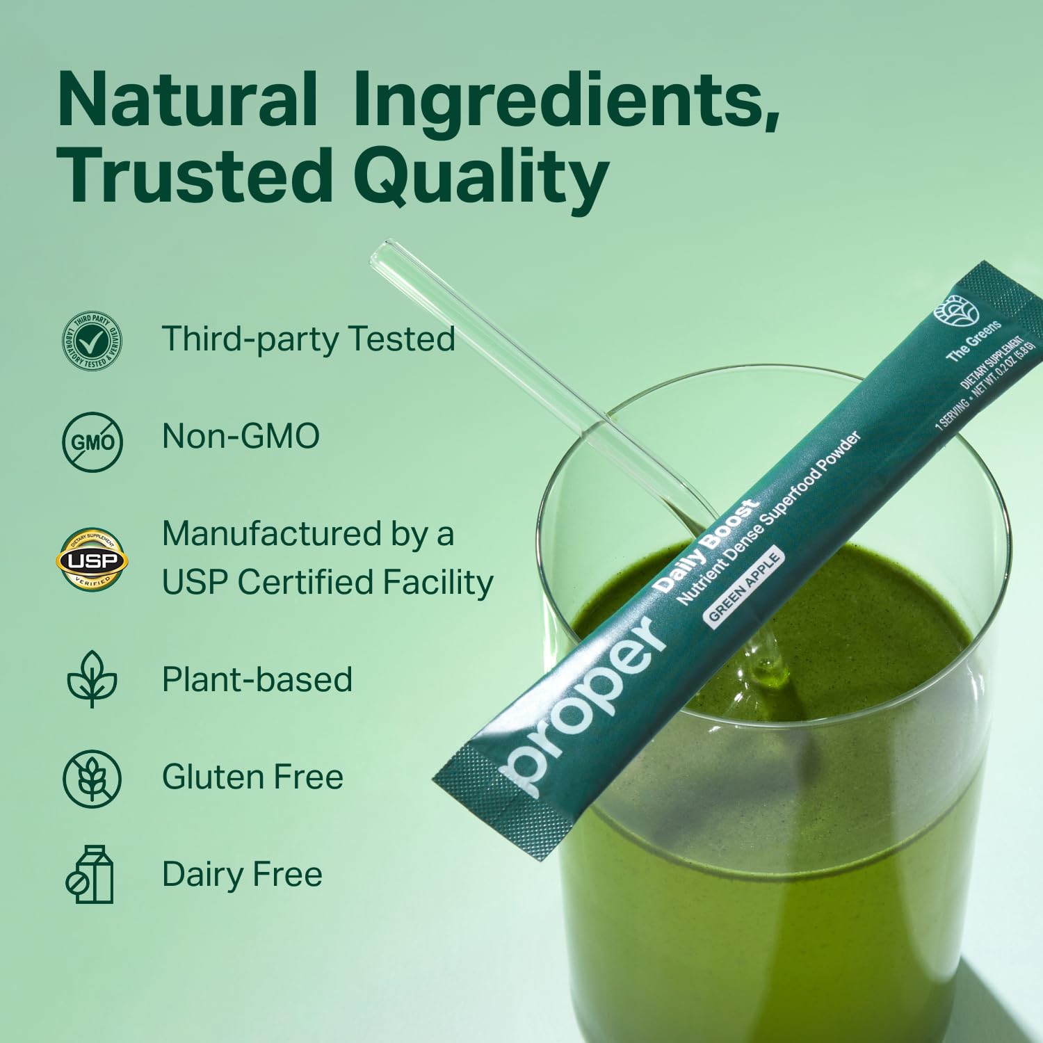 Close-up of organic ingredients like wheatgrass, spirulina, and chlorella on label.