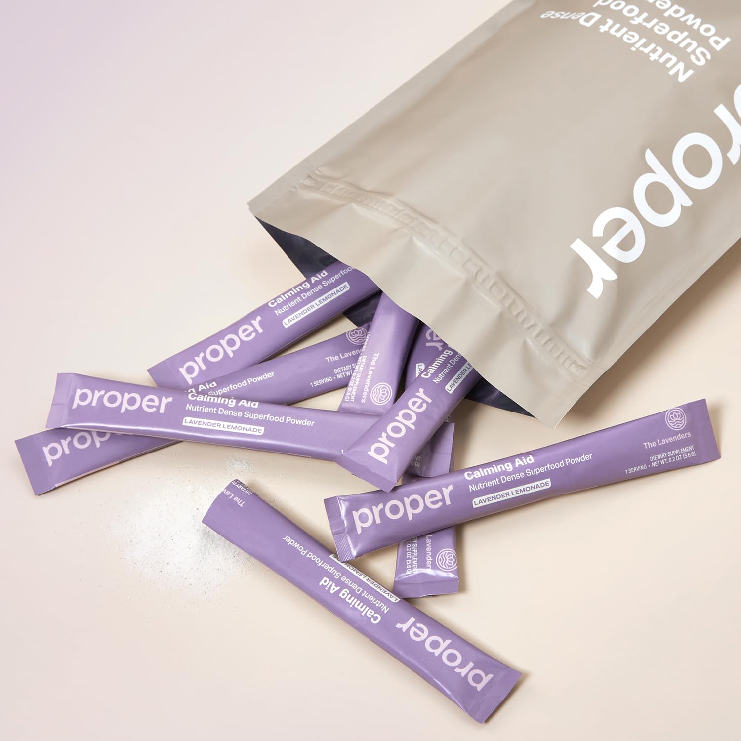 Proper Lavender Calming Aid ingredients label illustrating plant-based, gluten-free formulation.