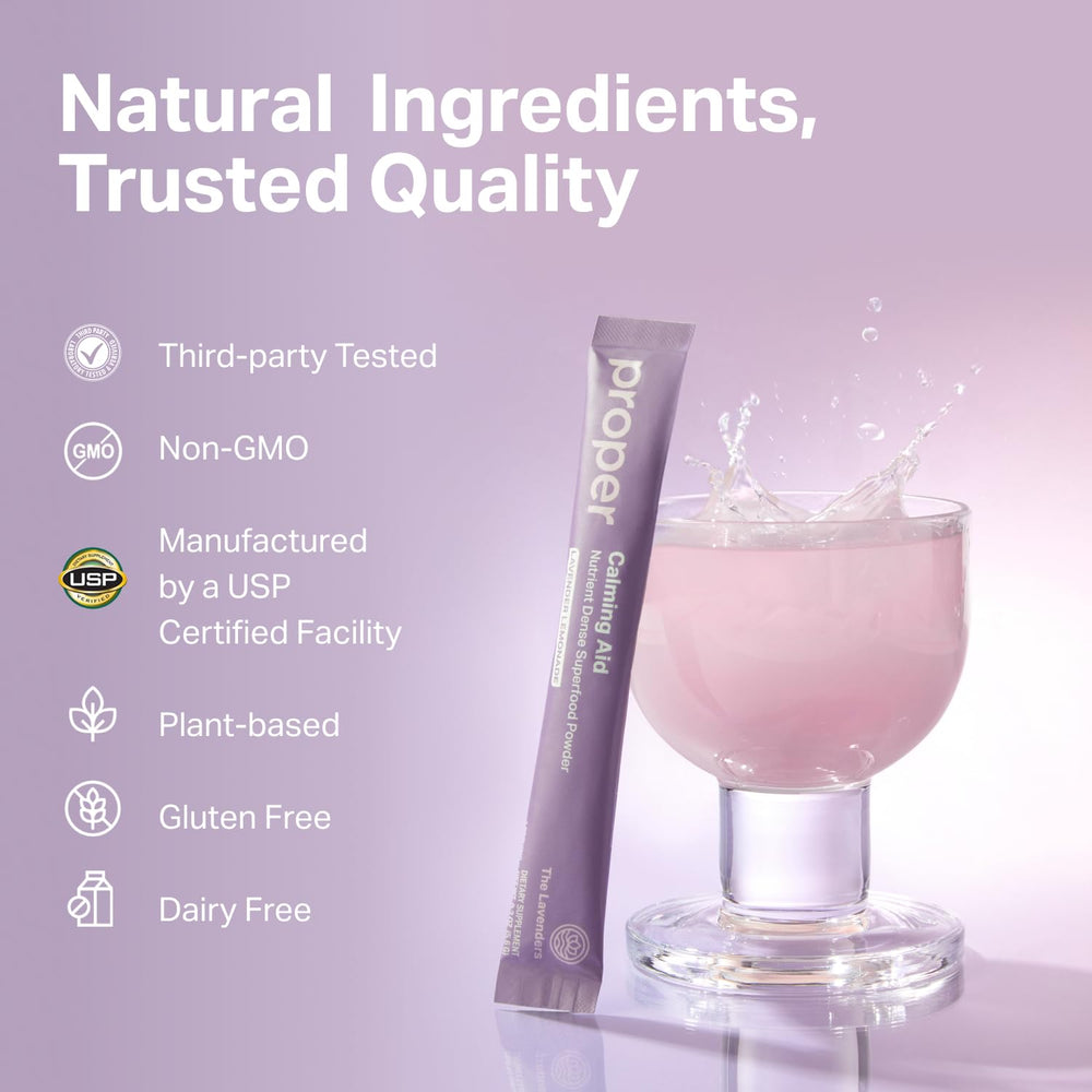 Proper Lavender Calming Aid featured in a nighttime routine setup for rest.