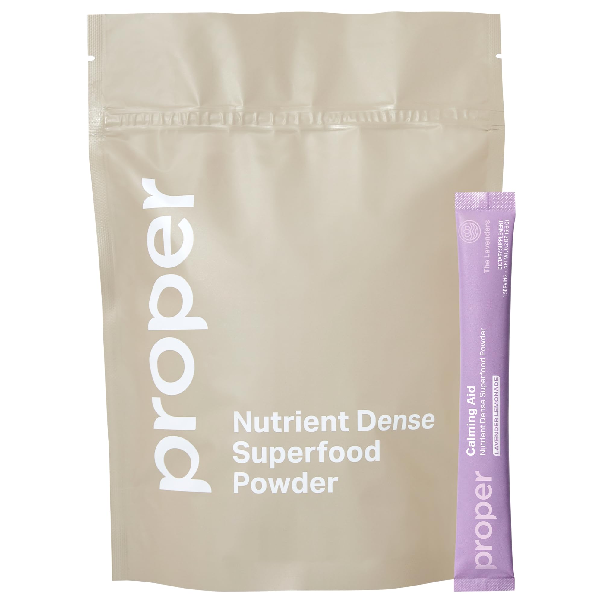 Proper Lavender Calming Aid powder in bottle promotes daily relaxation.