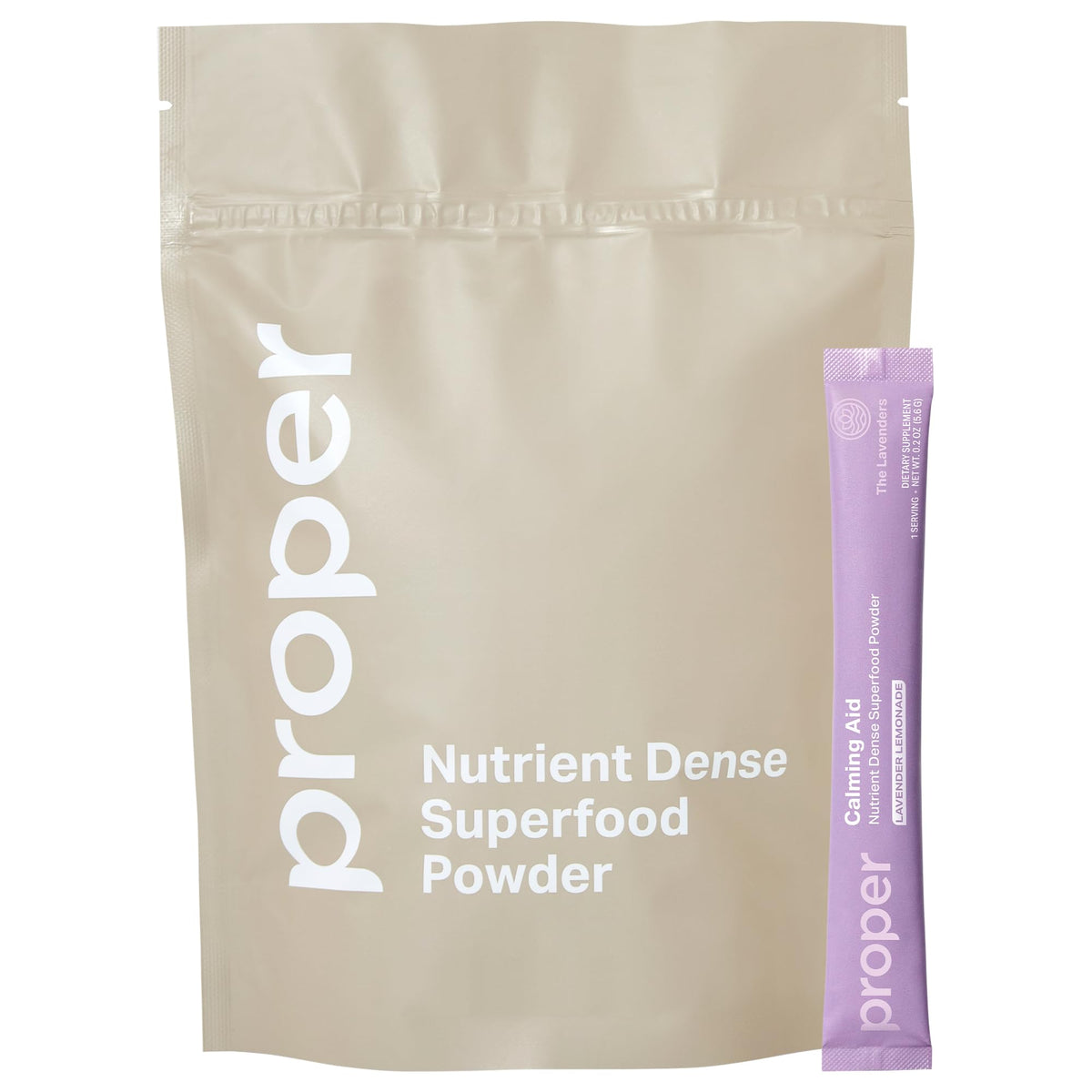 Proper Lavender Calming Aid powder in bottle promotes daily relaxation.