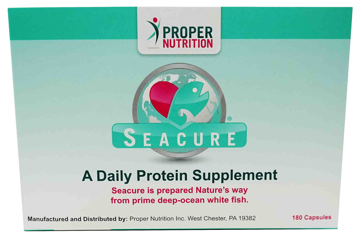 Proper Nutrition Seacure bottle front view highlighting all-natural fish protein source for daily health.