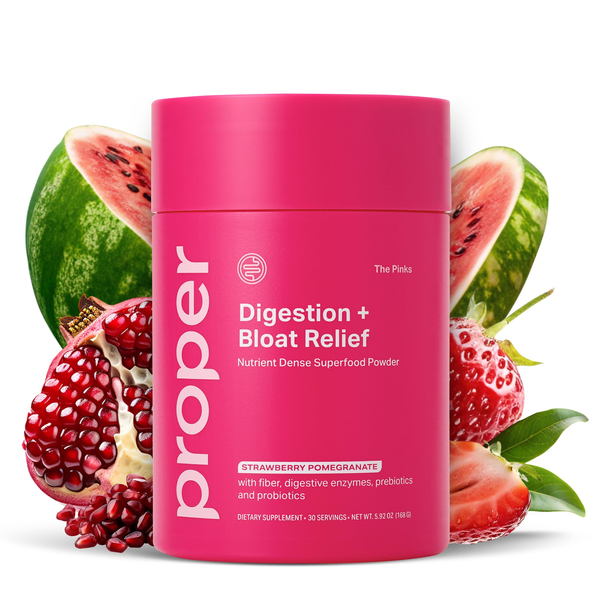 Proper Pinks Digestion bottle label highlighting probiotic blend for gut support