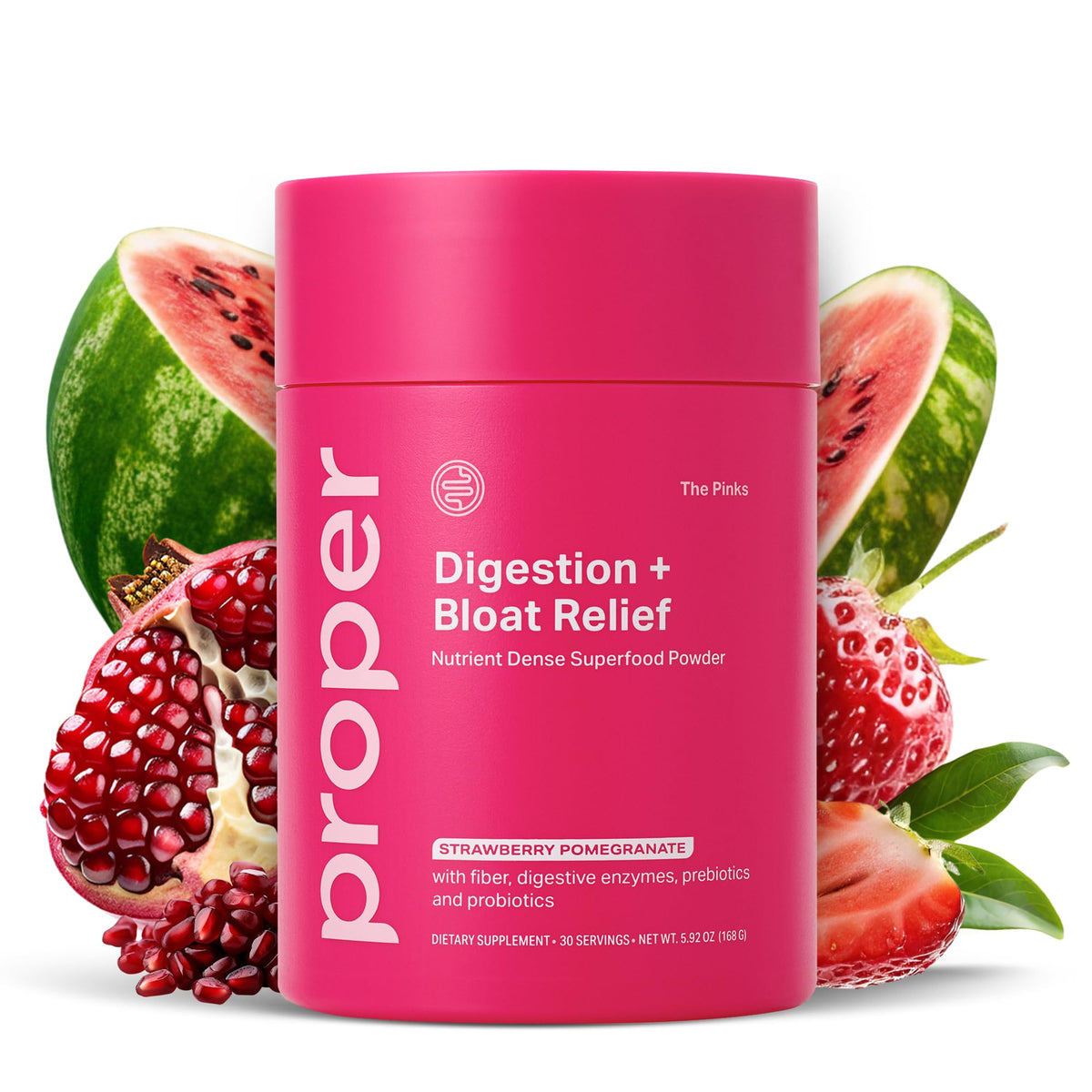Proper Pinks Digestion bottle label highlighting probiotic blend for gut support