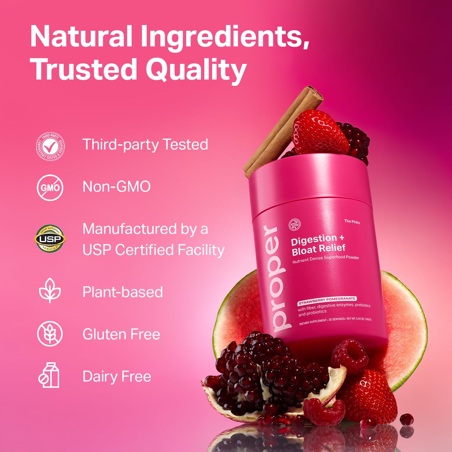 Ingredient panel showing BC99 probiotic in Proper Pinks Digestion