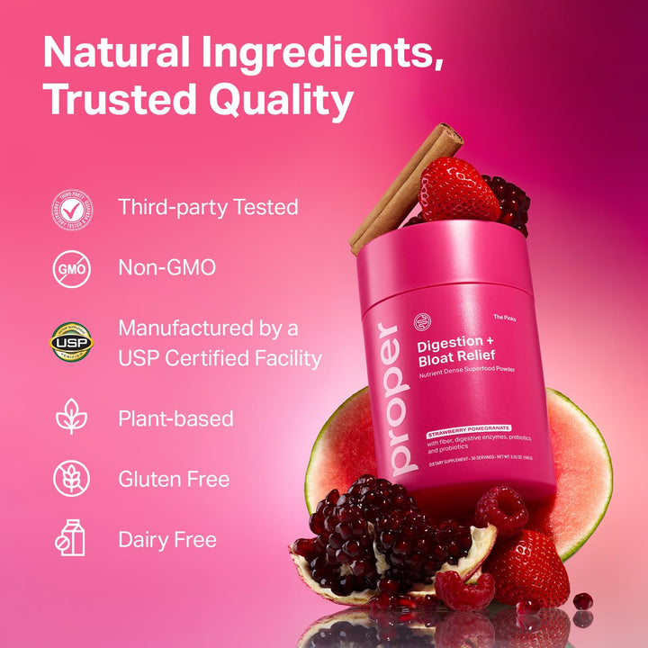 Ingredient panel showing BC99 probiotic in Proper Pinks Digestion