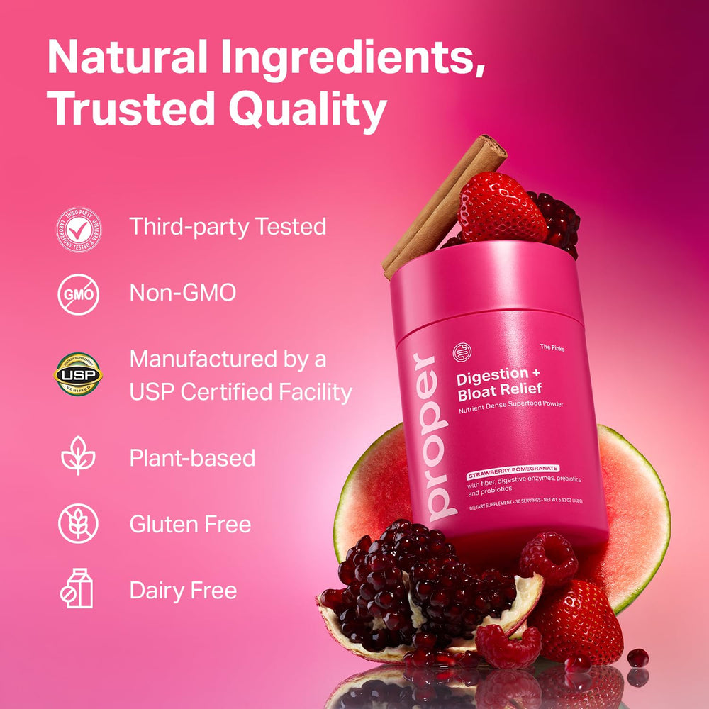 Ingredient panel showing BC99 probiotic in Proper Pinks Digestion
