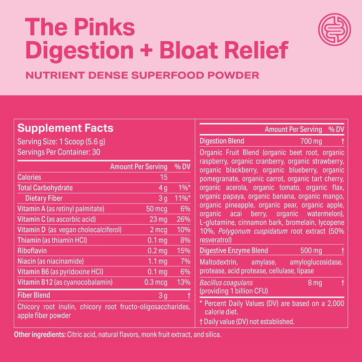 Juice glass with Proper Pinks Digestion blended for a refreshing gut support moment
