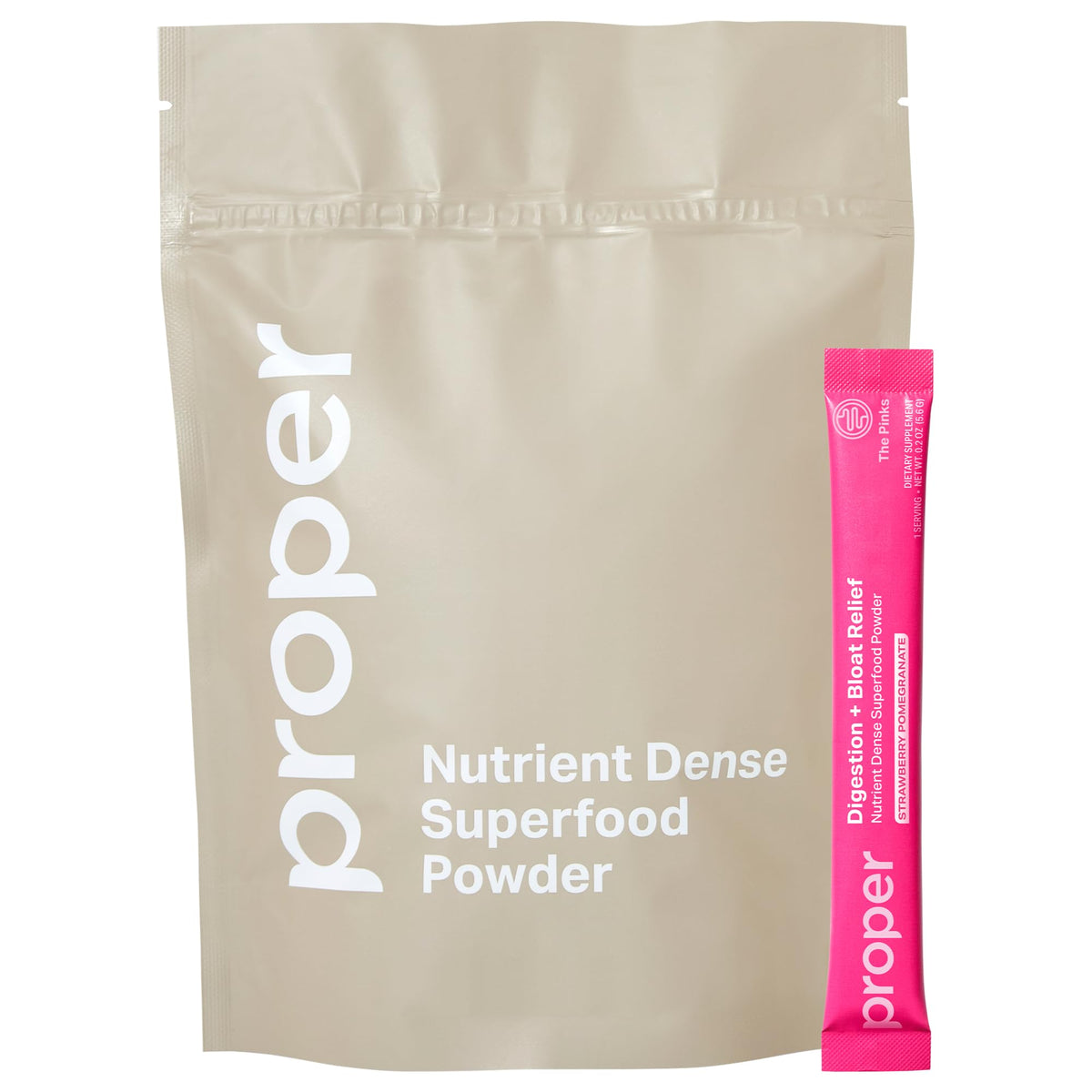 Proper Pinks digestive powder tub displaying strawberry pomegranate flavor for daily gut support.