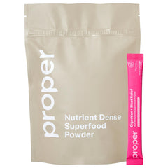 Proper Pinks digestive powder tub displaying strawberry pomegranate flavor for daily gut support.