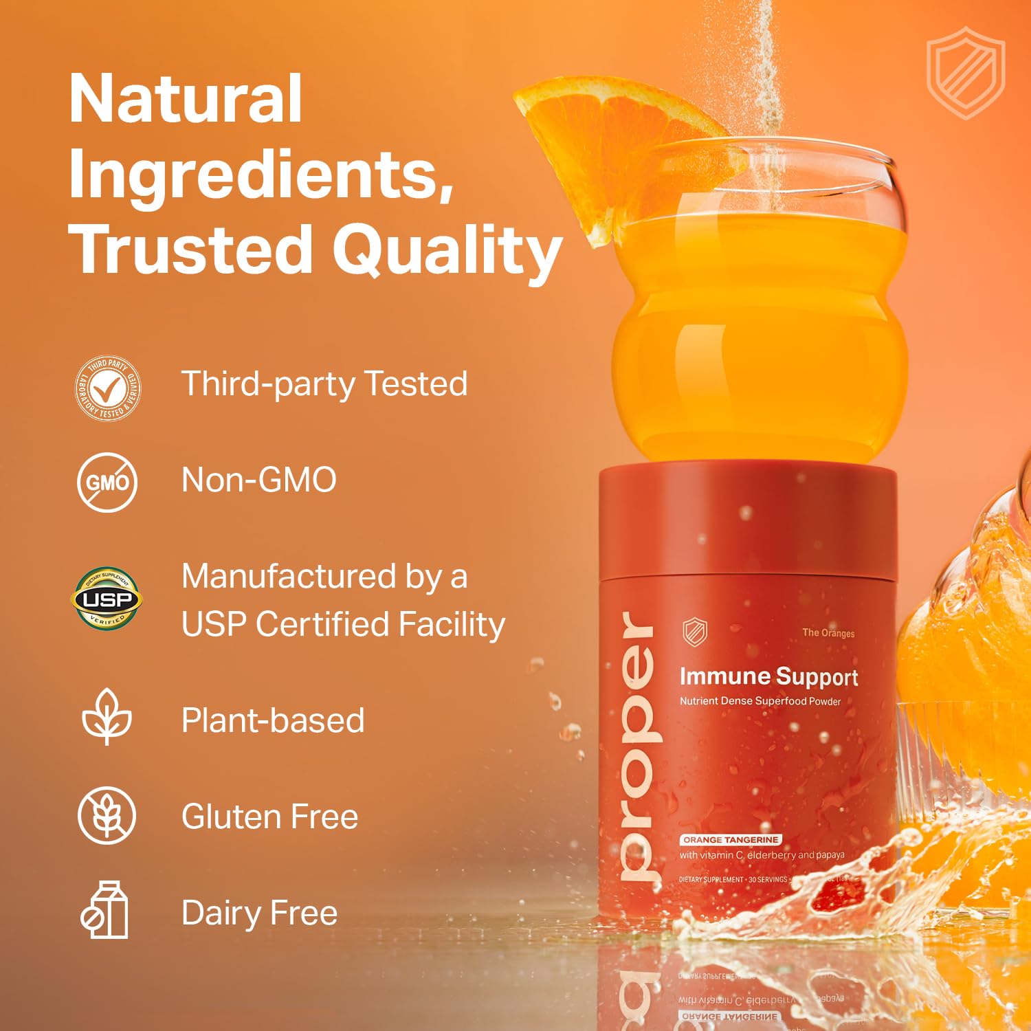Plant-based, non-GMO badge on Proper product packaging communicates clean ingredients.