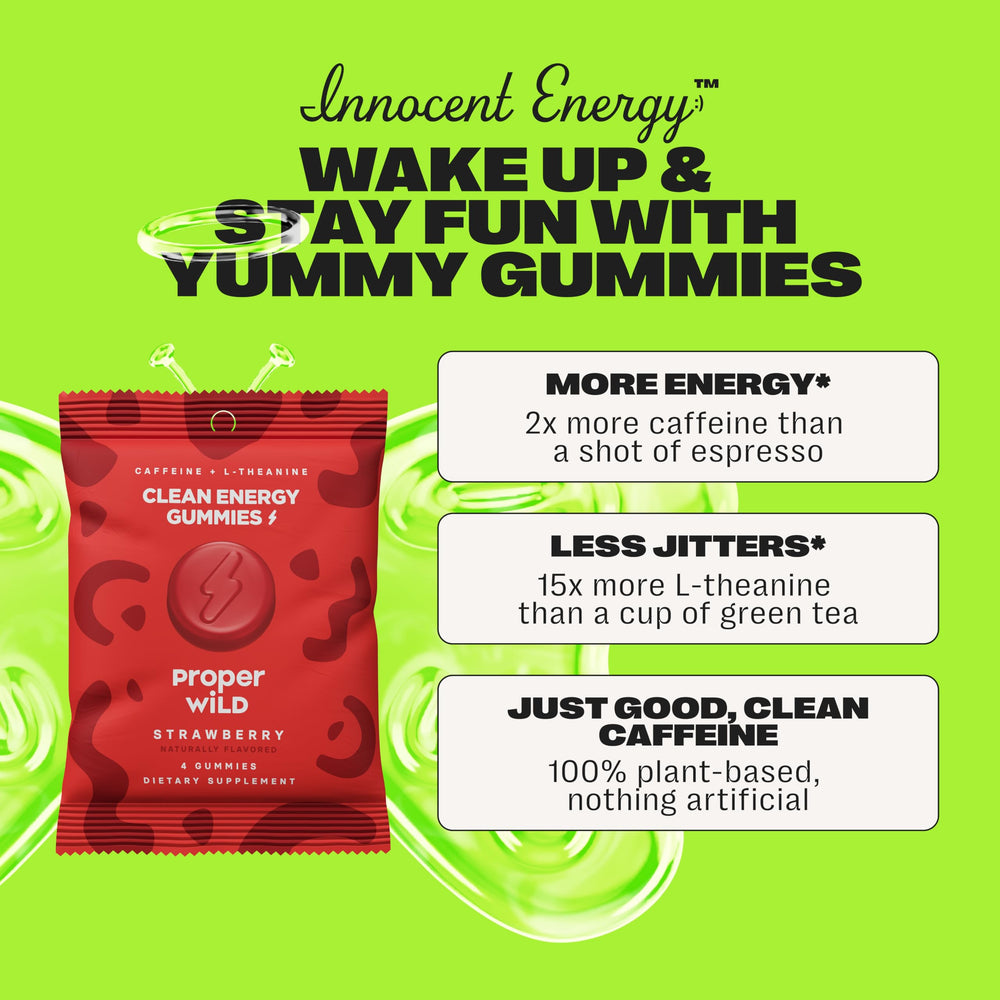 Proper Wild energy gummies packaging inside a bag for on-the-go use.