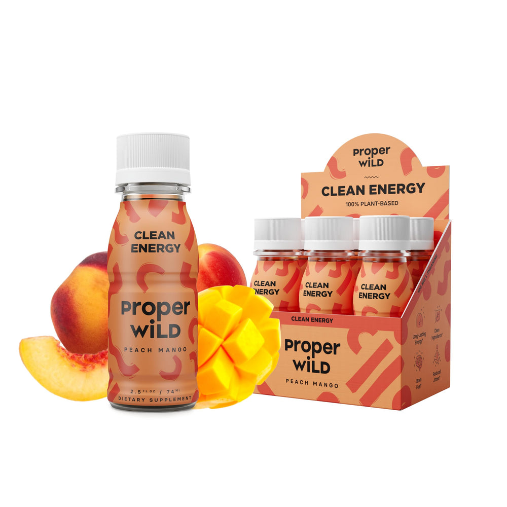 Proper Wild Peach Mango energy shot bottle offers a clean, plant-based boost for busy days.