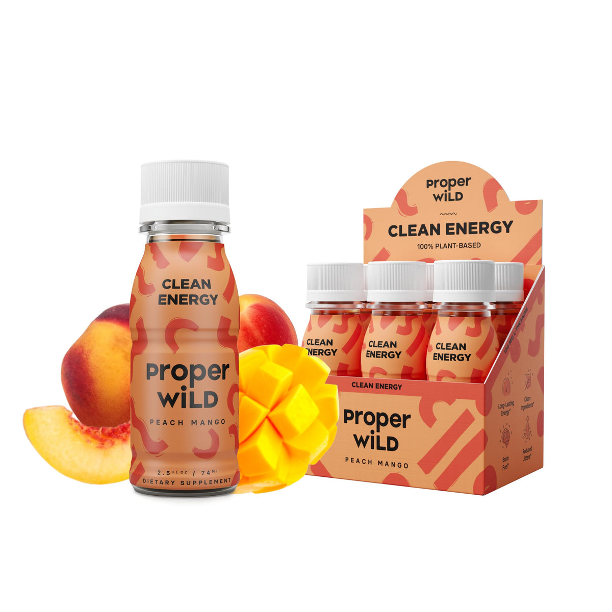 Proper Wild Peach Mango energy shot bottle offers a clean, plant-based boost for busy days.