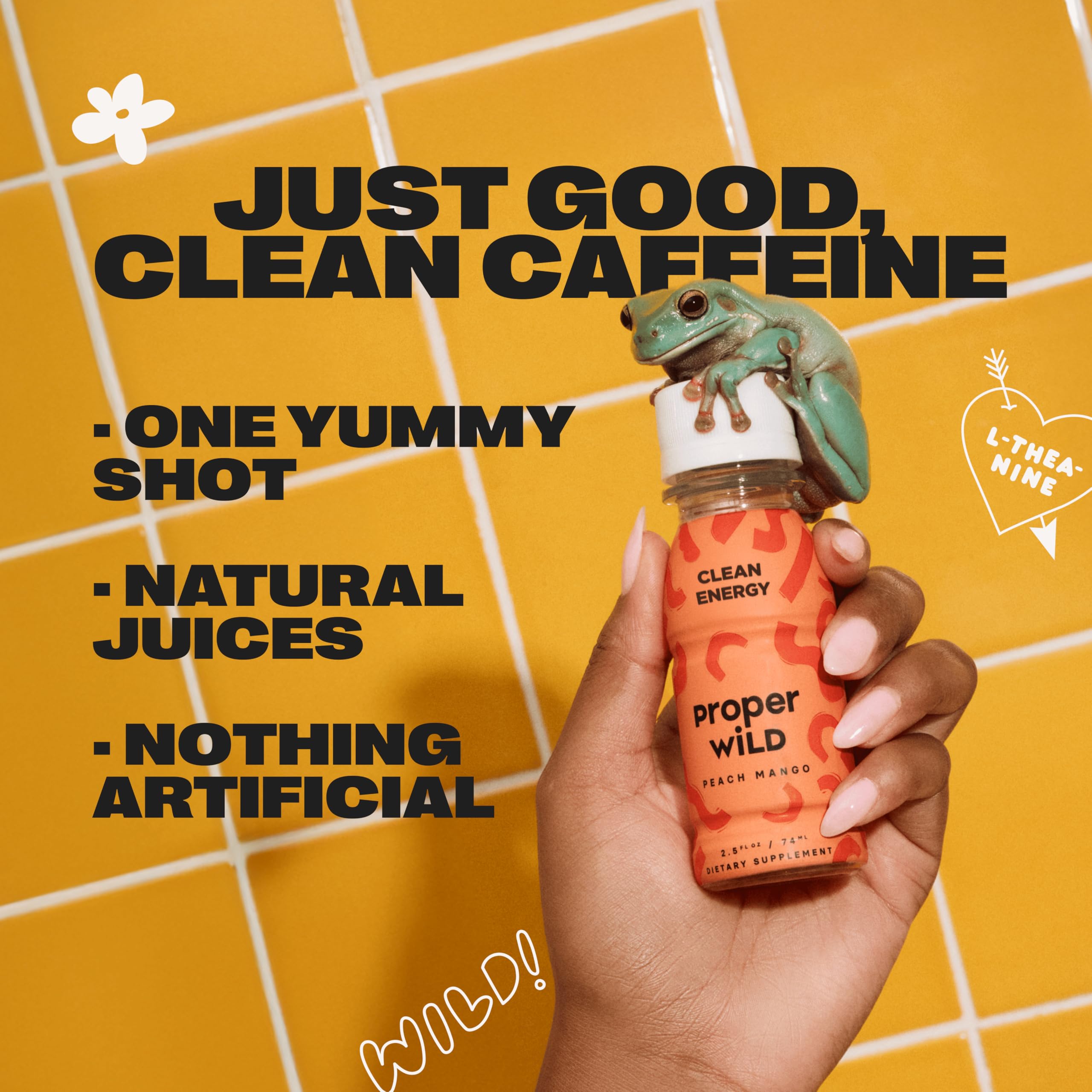Proper Wild Peach Mango energy shot label highlights vegan and gluten-free credentials.