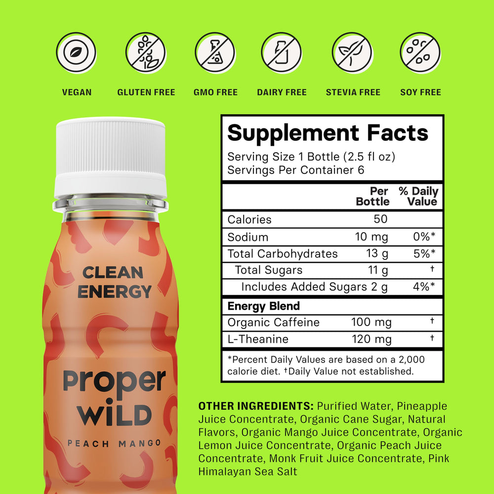 Proper Wild Peach Mango energy shot pour shows smooth, steady energy on the go.